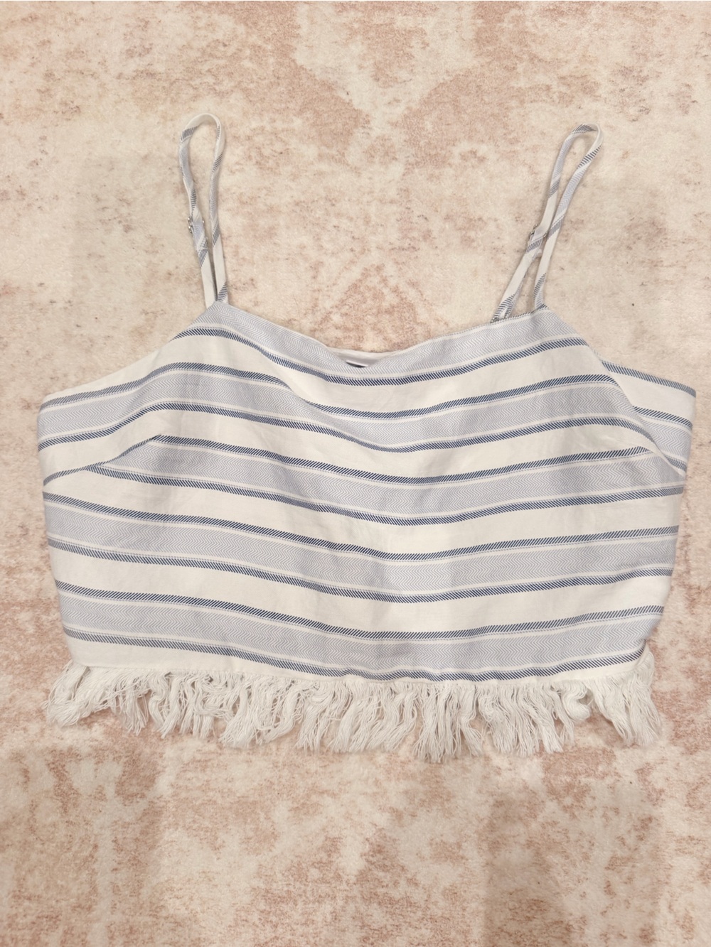 Sugarlips White and Light Blue Striped Fringe Crop Top